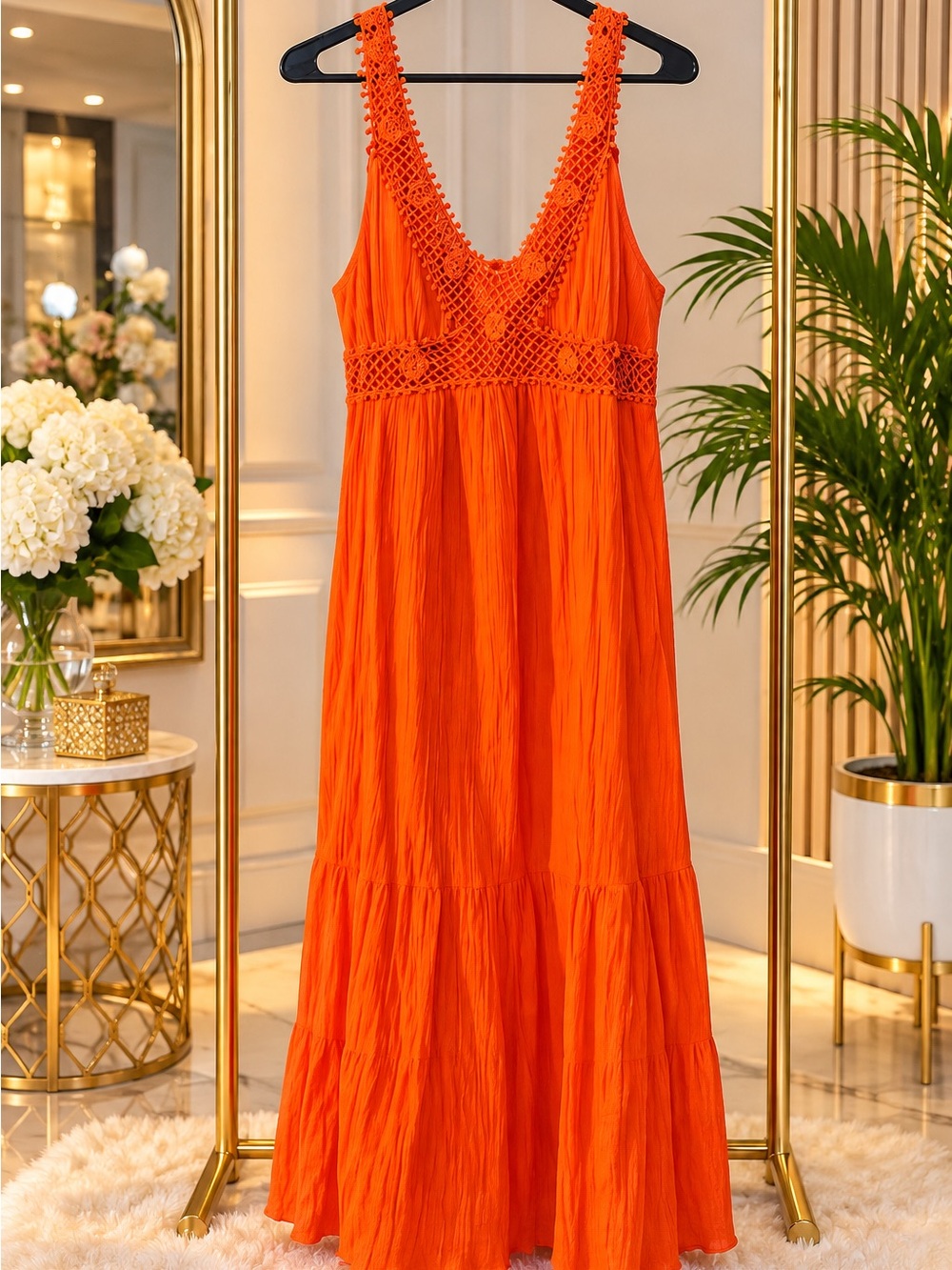 Orange Crochet-Trim Maxi Dress